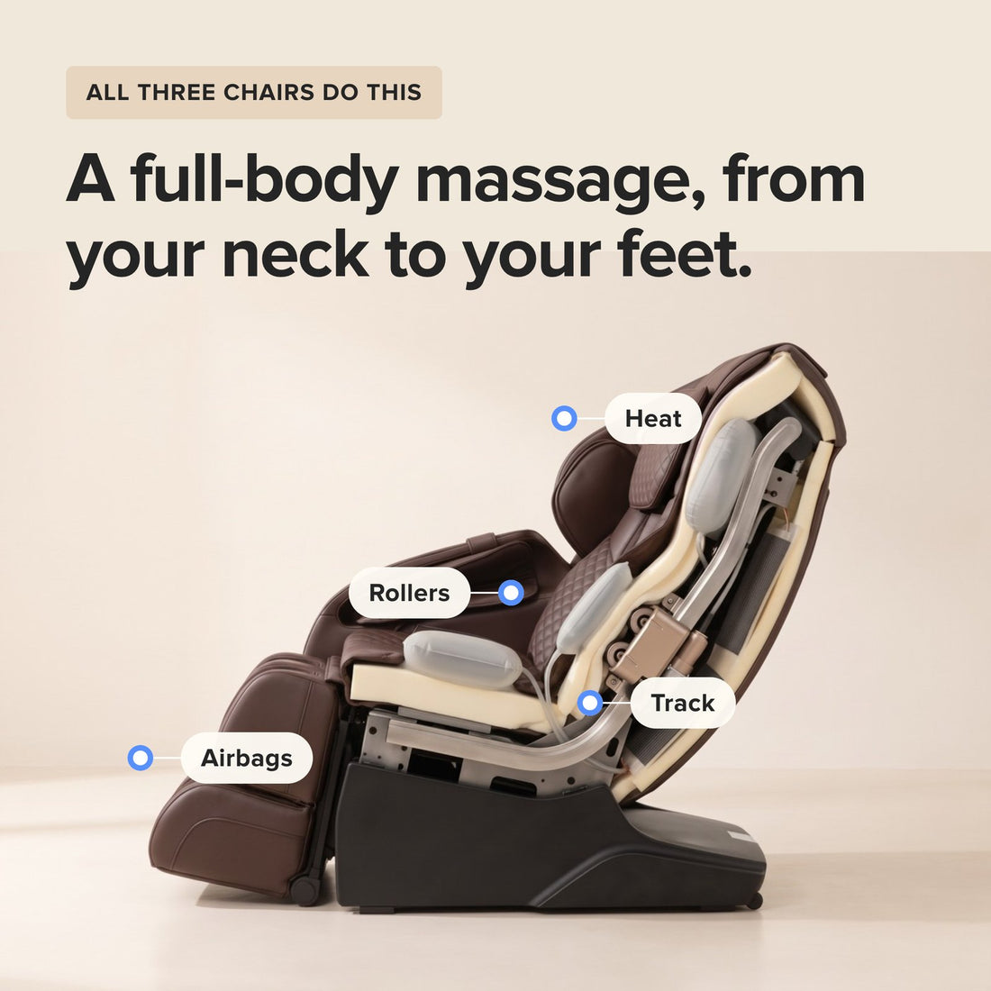 Inside the chair: heat, rollers, track and airbags, a full-body massage from neck to feet