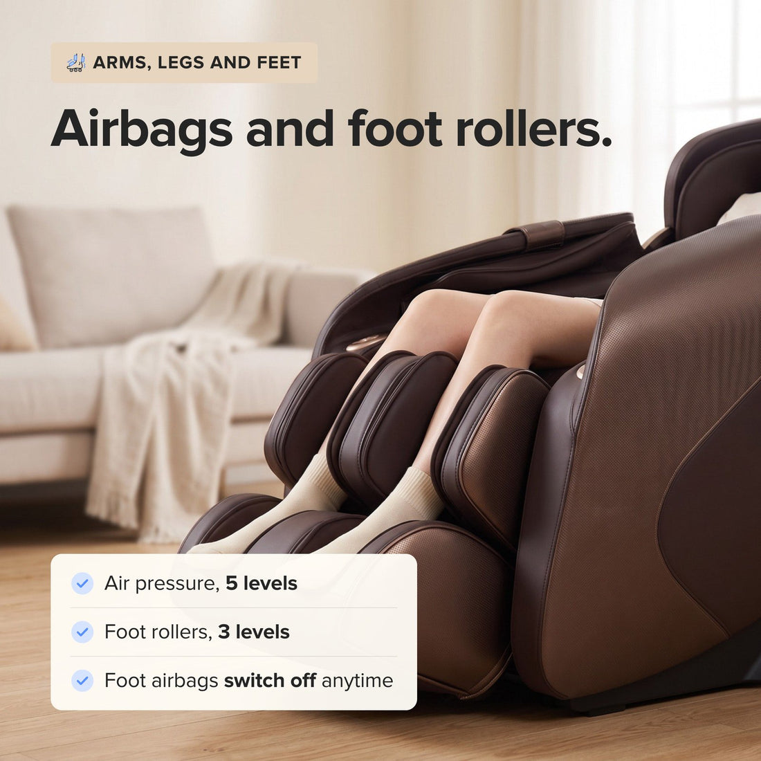 Airbags and foot rollers: 5 air pressure levels, 3 foot roller levels