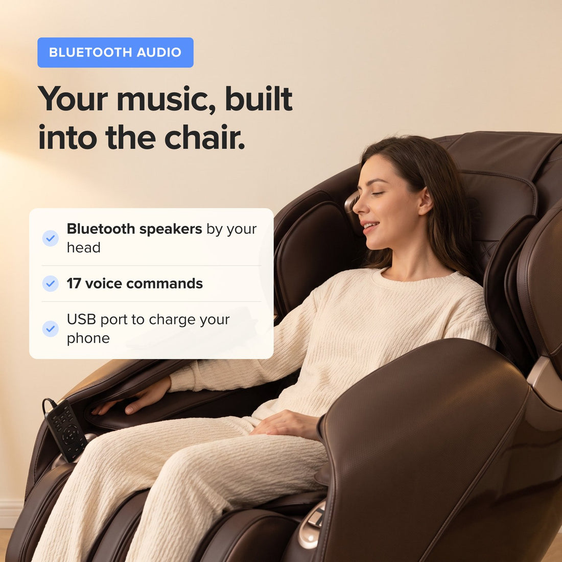 Bluetooth speakers, voice control and a USB charging port built into the chair