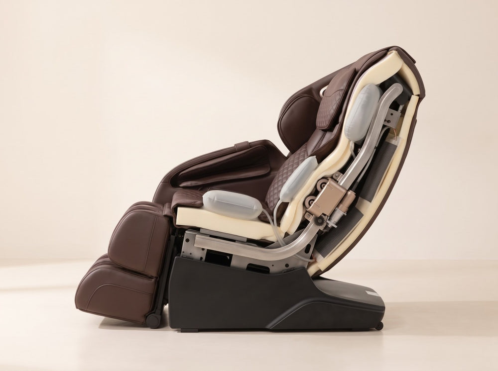 Cutaway of the chair showing the track, rollers, airbags and heat
