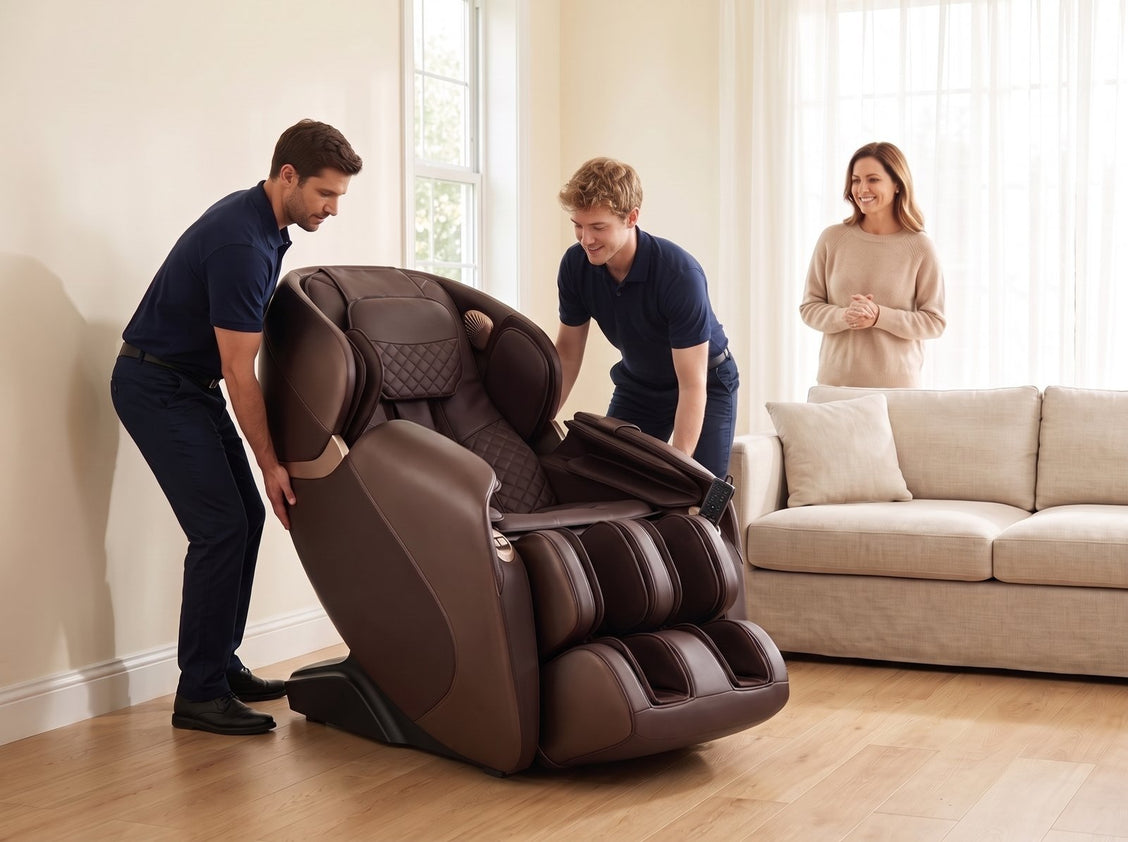 Two delivery men wheel the boxed Relaxe chair through a front door